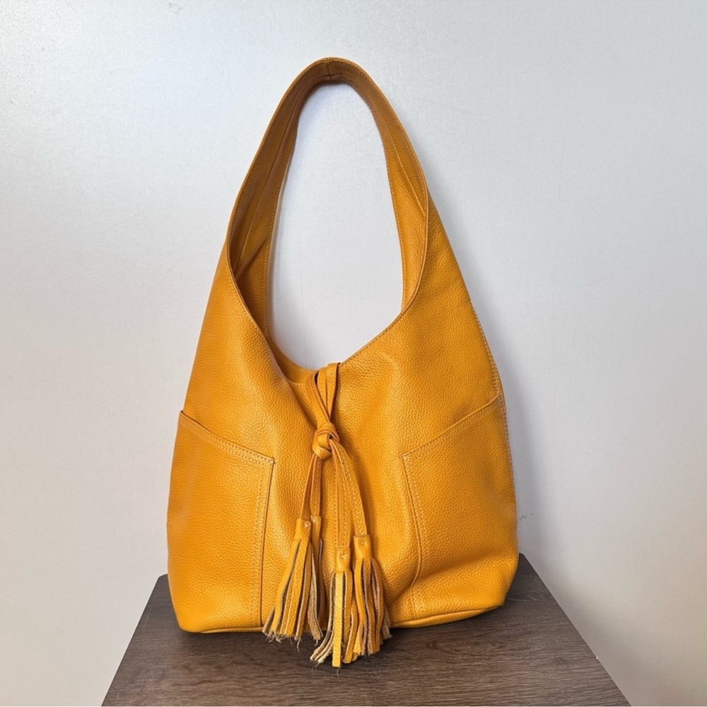 Laggo Havana Pebbled Leather Hobo Slouchy Shoulder Bag Yellow